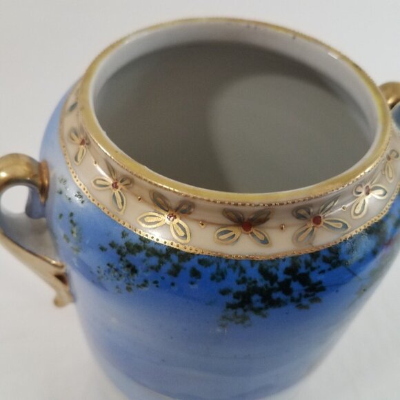 Antique Nippon 8.75" Vase Hand Painted Winter Scene Blue White Gold Tone Handles - Picture 7 of 16